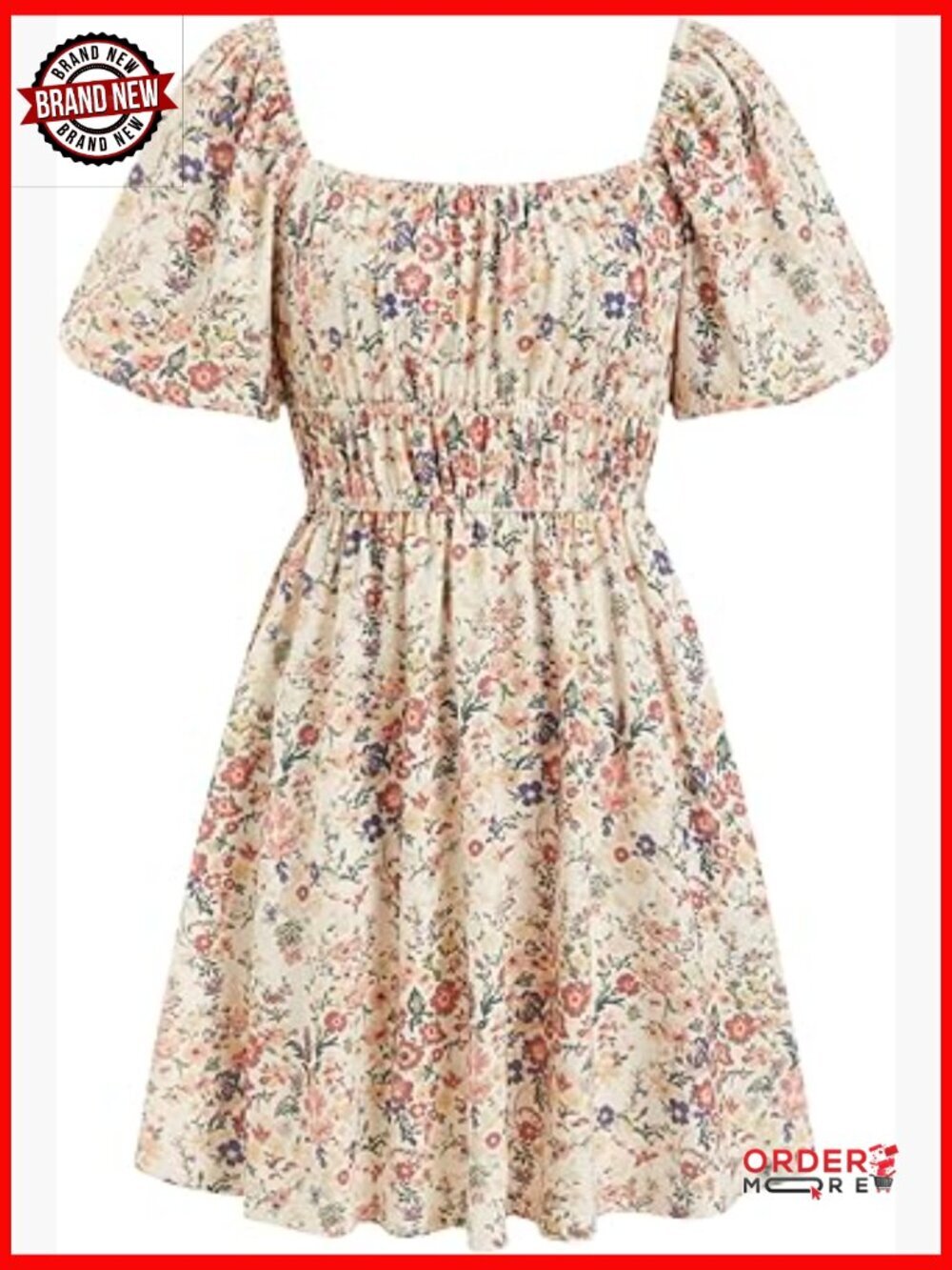 Floral Square Neck Puff Sleeve Mini Dress Smocked Casual Boho Sundress
